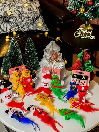 nicovaer 1 套涤纶面料圣诞羽毛猫玩具（含皱纹纸）、刺绣雪人、圣诞树、姜饼人图案、逼真刺绣士兵羽毛猫玩具套装、适合中小型犬和猫的互动玩具、创意羽毛猫玩具、猫/狗玩具、宠物日常玩耍、圣诞礼物