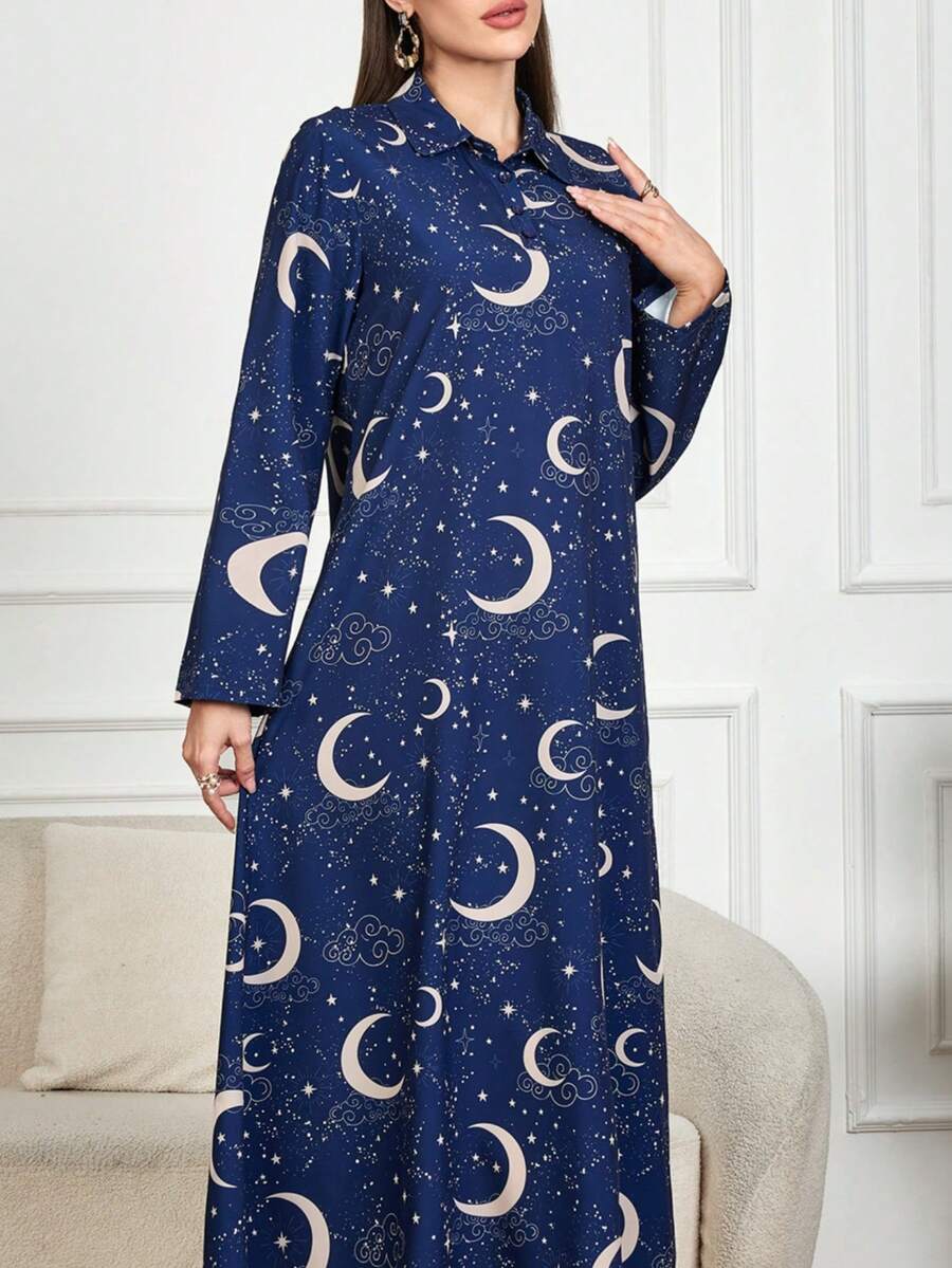 2025 Spring New Women's Printed Bohemian Style Long Sleeve Dress, Fashionable Loose Autumn Dress, Tie-Waist Vacation Casual Dress, Elegant Party Beach Graduation Ceremony Evening Gown - Blue - View 1