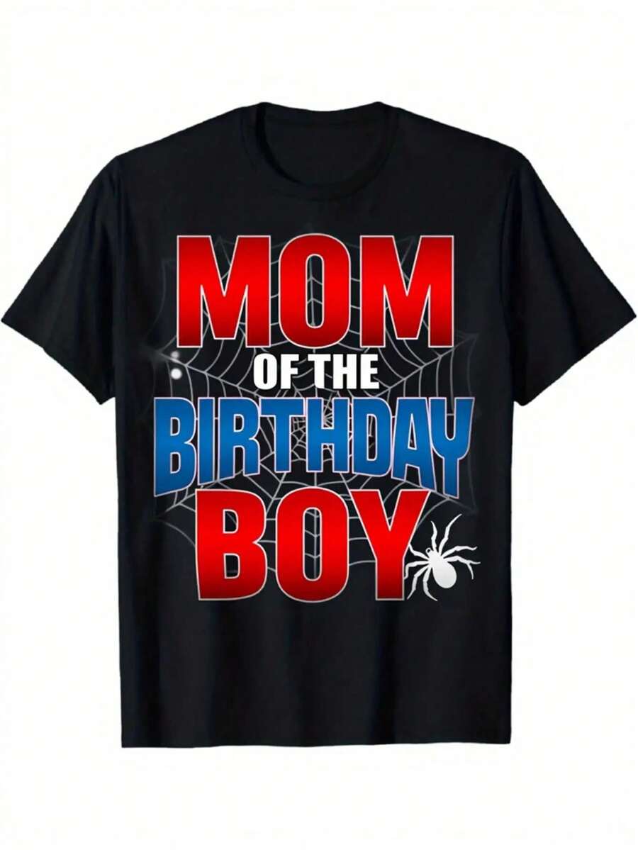 Women'S & Men'S Birthday Mom Graphic T-Shirt - Mom Of The Birthday Boy Spider Web Design With Spider & Web Design - Heavyweight 180gsm Crewneck Tee - Black With Red &, White Lettering - Sizes S-Xxxl - Birthday Party Outfit, Casual Summer Wear - Mach - 黑色 - 查看 1