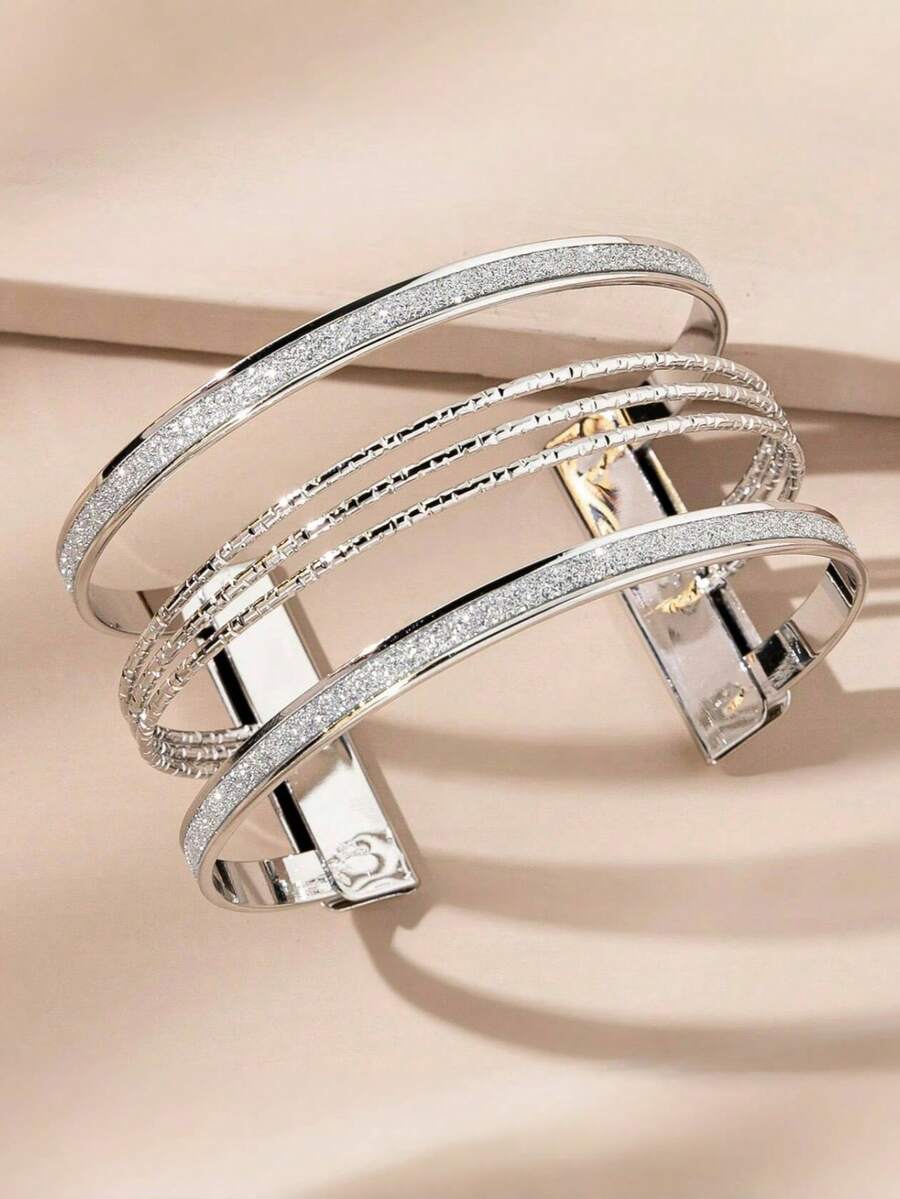 1pc Fashionable Minimalist Personalized Multi-Layer Matte Sequin Hollow Bangle Bracelet, Suitable For Women, Wedding, Party, Gift For Friends, Valentine's Day, Daily Wear - Silver - View 1