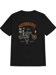 Men's Motorcycle Rebel Graphic T-Shirt - Biker Gang Style With Motorcycle Racing Design, Black & Orange Motorbike Print, Breathable Round Neck Casual Summer Tee For Motorcycle Enthusiasts, Biker Apparel, Ideal Gift For Riders - MOTORREBEL Skull Rider & Motorcycle Parts Print, Machine Washable, Regular Fit, Bold Biker Culture Statement - 黑色 - 查看 3