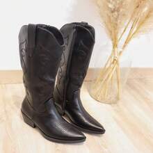 angelica Women's Tall, Mid-Calf Cowboy Boots In Black, Brown, And Beige With A Pointed Toe And Western Embroidery, Ideal For Festivals, Concerts, Casual Outings, Theme Parties, Trips, And Rural Getaways. - 黑色 - 查看 4