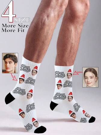 Calcetines personalizados con cara, calcetines con foto personalizada de tema navideño "Feliz Navidad", calcetines divertidos personalizados con diseño de gorro de Papá Noel, pon dos caras en los calcetines, 4 tallas para un mejor ajuste, regalo de aniversario, regalo de San Valentín, regalo de cumpleaños, regalo de boda, regalo del Día de la Madre/Padre, regalo para el mejor amigo, regalo para mamá/papá/novia/novio/ella/él