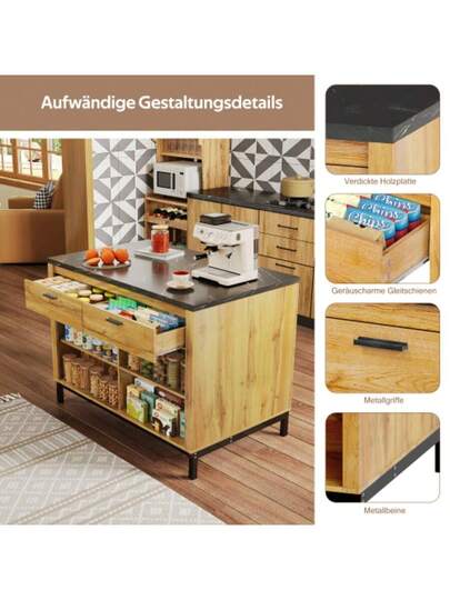120*75*90cm, Country Kitchen Isl Drawers Open Shelves, Oak Grain Finish, Zwart Marble Countertop, Metal Frame, Back Bar Area view 3