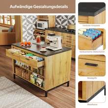 120*75*90cm, Country-Style Kitchen Island – Kitchen Island With 2 Drawers And 4 Open Shelves, Oak Grain Finish, Black Marble Countertop, Metal Frame, Back With Bar Area
