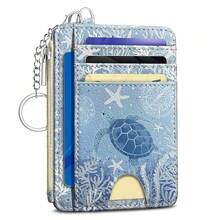 Sea Turtle Credit Card Holder Small Wallet Women, Blue Ocean Slim RFID Wallet Woman Keychain With Zipper Coin Pocket, Front Pocket Thin Travel Card Case Organizer With ID Window Ladies Gifts{"Color_name":"Turtle"} - 多色11 - 查看 1
