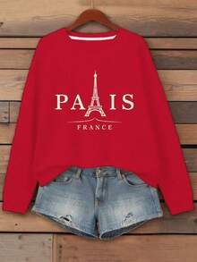 2025Women's Plus Size Paris Eiffel Tower Graphic Sweatshirt - Heather Gray Casual Long Sleeve Round Neck Pullover, Machine Washable Autumn Winter French-Inspired Top, Everyday Comfort Apparel |   Opaque MaterialSoft And Breathable - [紅色的] - 查看 7