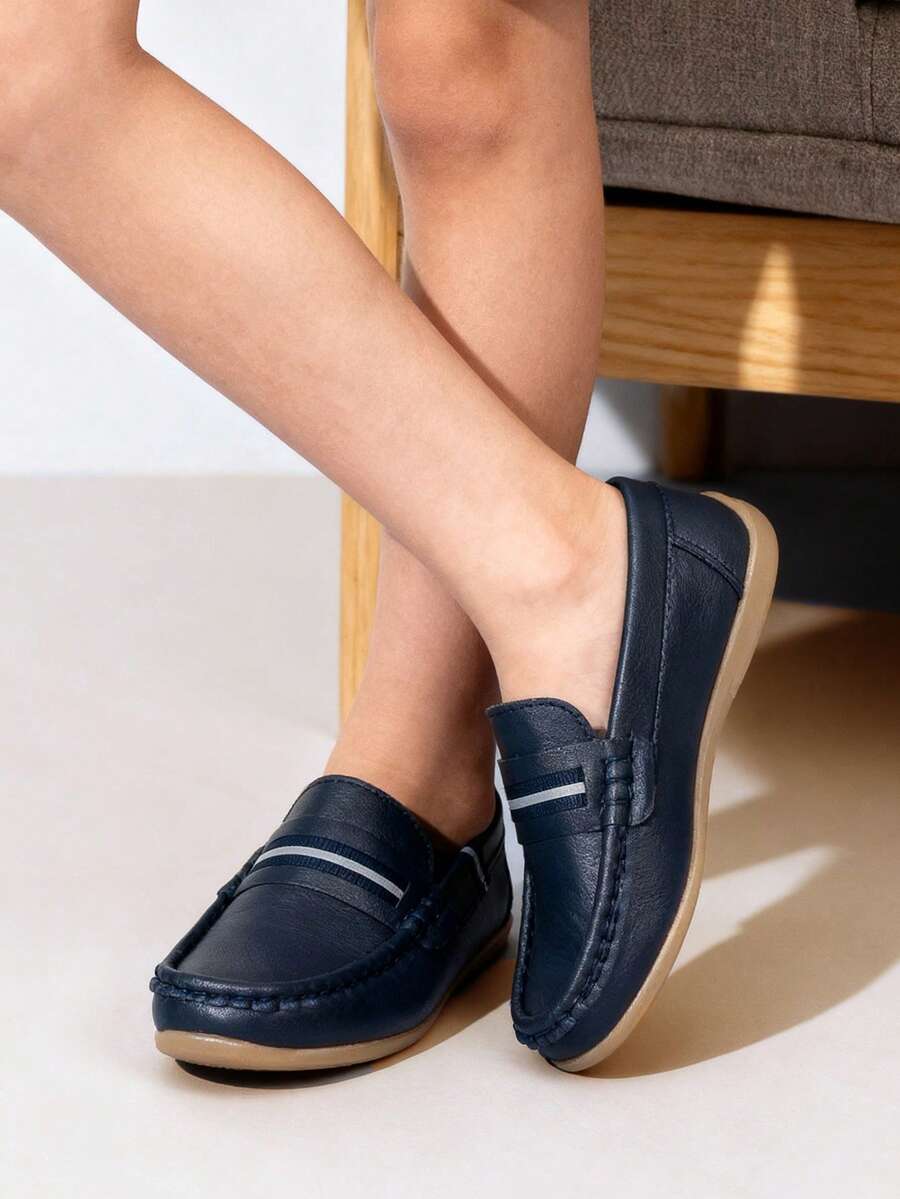 2025 New British Style Kids Casual Versatile Soft Bottom Slip-On Loafers With Woven Strap - Navy Blue - View 1