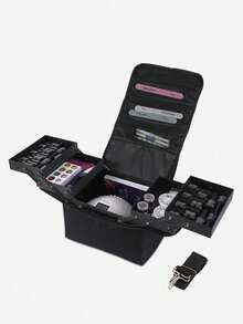 极简化妆包，金色拉链，时尚黑金配色，优质材料，大容量，可收纳指甲油、化妆品，旅行化妆包，美甲工具收纳盒，学生文具整理包，宿舍收纳包，生日/圣诞节/万圣节/感恩节/情人节礼物（含肩带）（拉链款式随机） - 黑色 - 查看 12