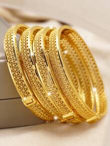 1pc Stacked 24K Gold Plated Heart & Four Leaf Clover Openable Bracelet, Popular Dubai & Europe Style, For Summer Wedding Season