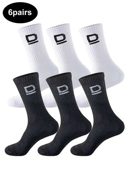 6双男女通用个性化休闲街头风袜子，简约时尚，百搭舒适，商务休闲长袜，适合运动，秋冬季保暖，中筒情侣袜