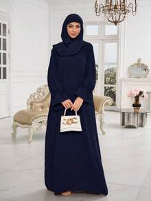 1pc New Soft Floral Sleeve Muslim Dress Without Hijab, Elegant Pleated Collar Design, Classic Versatile Abaya, Suitable For All Seasons