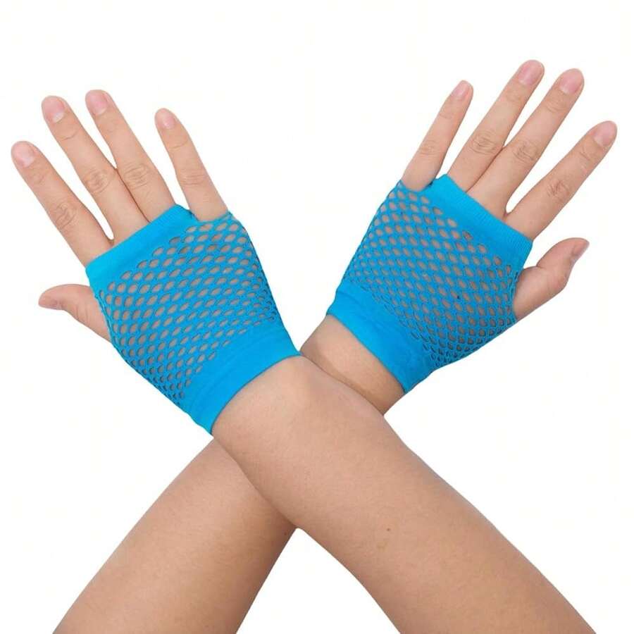 Fishnet Fingerless Gloves Mesh Arm Sleeves Fish Net Arm Sleeves EMO Gloves For Women In Theme Party Scene Accessories{"Size_name":"Short","Color_name":"#04-LightBlue(Short)"} - 多色3 - 查看 1