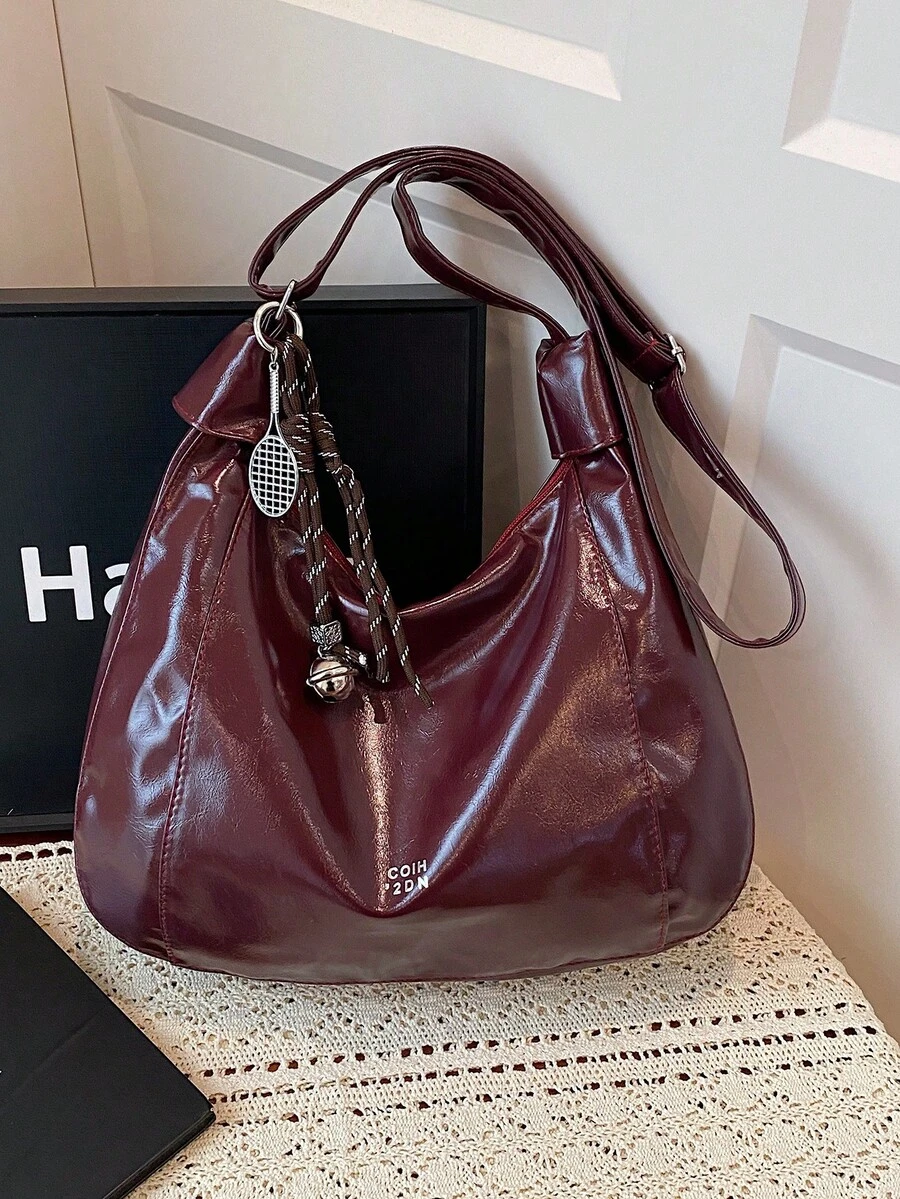勃艮第时尚设计手提包，女士大号单肩包 - 酒紅色 - 查看 1