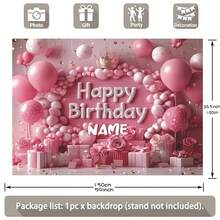 Customizable Pink Balloon Happy Birthday Backdrop, Gold Glitter Crown, Pink Floral Gift Box Design, Suitable For Princess Birthday, Baby Shower, Cake Table Decor, Photography Props, Vinyl Material,Party Top, Event Banner - E - View 4
