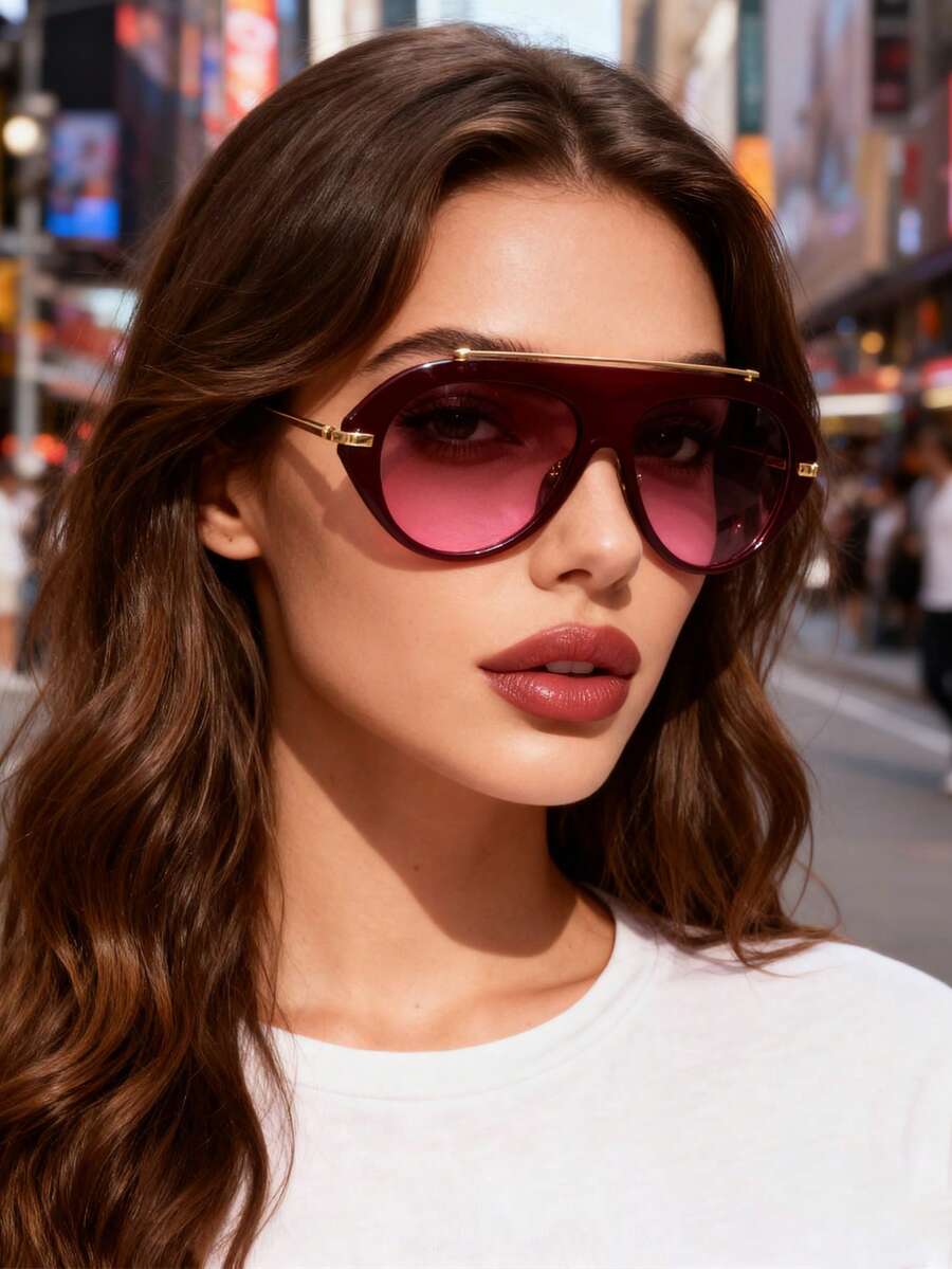 1 Pair Large Frame Fashion Glasses, High-End, Personalized, Versatile, Casual Elegant Women's Glasses, Suitable For Daily Wear, Street Photography, Vacation Travel, College Style, Summer Beach Accessories, Women's Accessories, Campus Outfit. - 酒紅色 - 查看 1