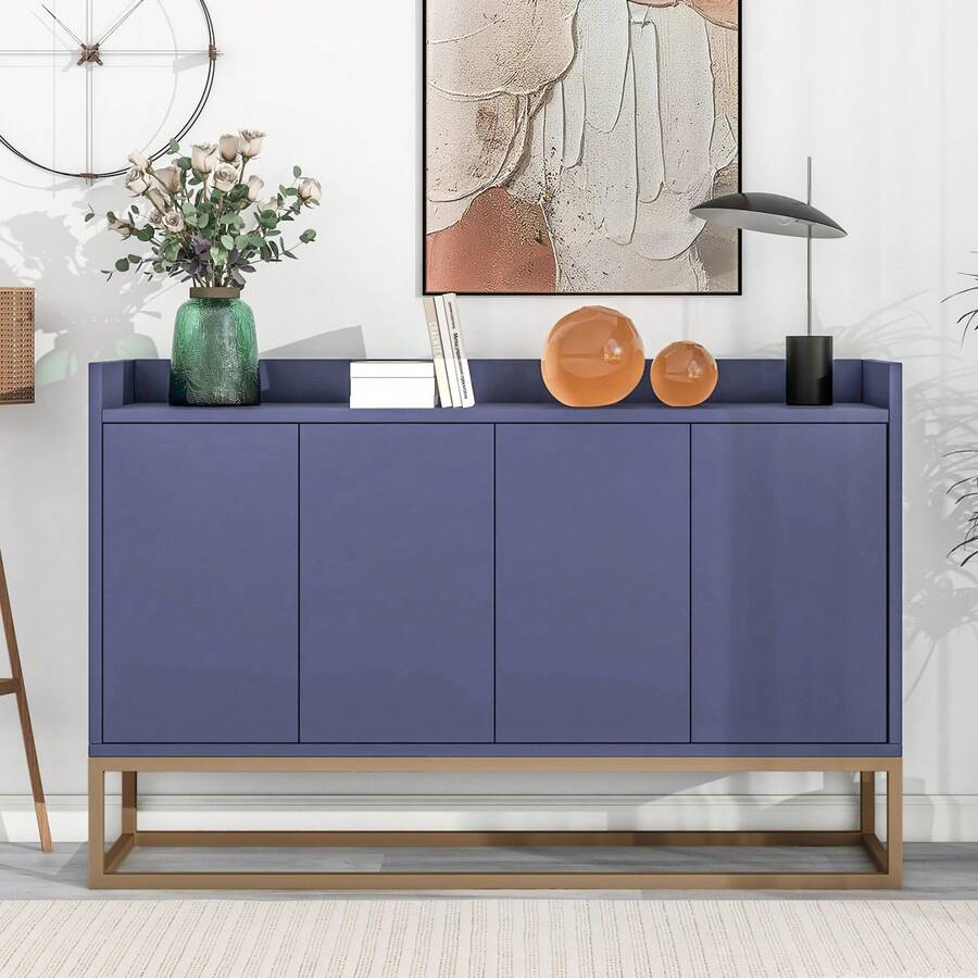 Aparador estilo minimalista, moderno mueble buffet de 4 puertas, patas de metal, cómoda con estante regulable, mueble multiusos para comedor, salón, cocina, blanco/negro/azul