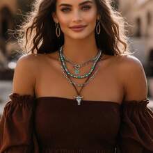 Hclian Western Necklaces Boho Layered Charm Necklace For Women Turquoise Beaded Choker Oxhead Pendant Necklace Western Jewelry For Women Cowgirl Accessories Large Brass No Gemstone