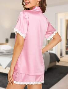 3 Piezas Pijama de Seda para Mujer Conjunto de Pijama de Satén con Adorno de Encaje Suave con Botones Pijama Ropa de Dormir Ropa de Estar por Casa Halloween - Light Blue - Ver 2