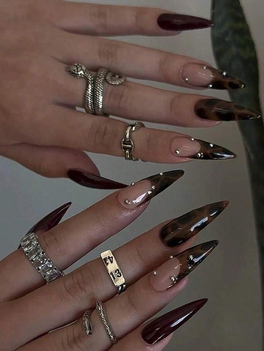24 Pieces Long Pointed Brown Leopard French Nail Stickers With Silver Bead Design, Retro Style Full Cover Fake Nails, Suitable For Women And Girls Daily Wear - 多色 4 - 查看 1