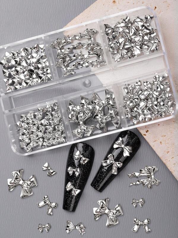 88pcs Y2K Style Silver Alloy Bow Nail Patch Jewelry Set, Japanese Luxury Metal 3D Ribbon Bow Decoration Dark Dazzling Cool Subculture Punk Style Nail Jewelry, 3D Embossed Bow Nail Decoration, DIY Decorative Supplies, Fake Nail Jewelry Accessories, Nail Charms, Nail Art Supplies, Nail Art Rhinestones And Decorative Gifts.