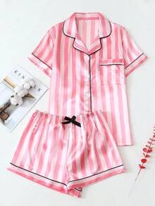 两件套缎面条纹睡衣套装，长袖翻领纽扣上衣和蝴蝶结长裤，适合居家穿着，秋冬季。 - 粉色 - 查看 1