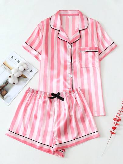 [Elegant Fields]2pcs Satin Striped Pajama Set, Long Sleeve Collared Button-Up Top And Bowknot Pants, Suitable For Home Wear, Autumn/Winter