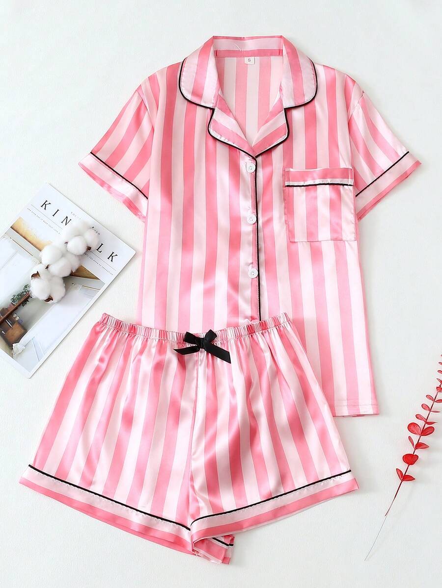 两件套缎面条纹睡衣套装，长袖翻领纽扣上衣和蝴蝶结长裤，适合居家穿着，秋冬季。 - 粉色 - 查看 1
