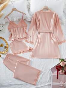 5pcs Solid Color Satin & Lace Patchwork Pajama Set, Including Long Sleeve Robe, V-Neck Camisole, Shorts, Pants And Belt, Elegant Women Sleepwear Loungewear - Dusty Pink - View 3