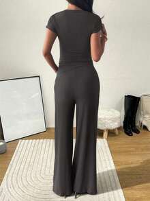 Vaiaye Women's 2-Piece Casual Elegant Solid Color Asymmetrical Hem Shaping Top, Suitable For Valentine's Day And Carnival, Paired With Solid Color Straight Pants, Suitable For Daily Wear, Holiday And Beach Vacation. - Dark Grey - View 3