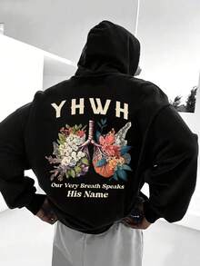 CHICLY19 Unisex Oversized YHWH & Floral Lung Graphic Hoodie - White Long Sleeve Pullover With "Our Very Breath Speaks His Name" Print, Botanical Floral Design. Loose Fit Soft Sweatshirt, Kangaroo Pocket, All-Season Casual Wear For Daily, Faith Gatherings & Relaxed Outfits. Popular Spiritual-Inspired Hooded Top For Teens & Adults. - 黑色 - 查看 7