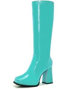 Wide Calf Plus Size Women's 70s Gogo Tall Knee High Square Toe Chunky Heel Retro Fashion Vintage Boots - 綠松石專利 - 查看 1