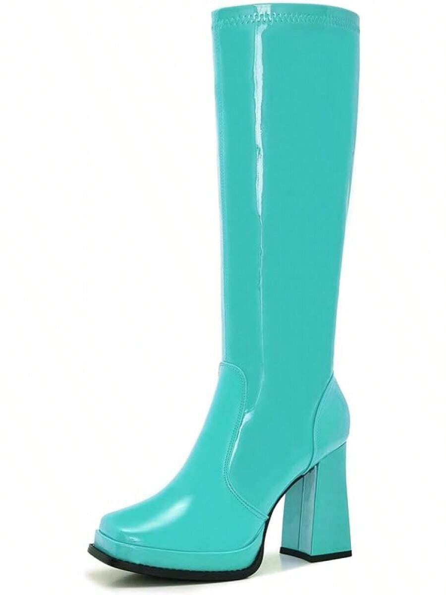 Wide Calf Plus Size Women's 70s Gogo Tall Knee High Square Toe Chunky Heel Retro Fashion Vintage Boots - 綠松石專利 - 查看 1