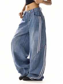 Jeans en denim à jambes larges et délavés pour femmes, taille basse, élégants pour les rendez-vous, les trajets, les sorties décontractées et les vacances à l'université