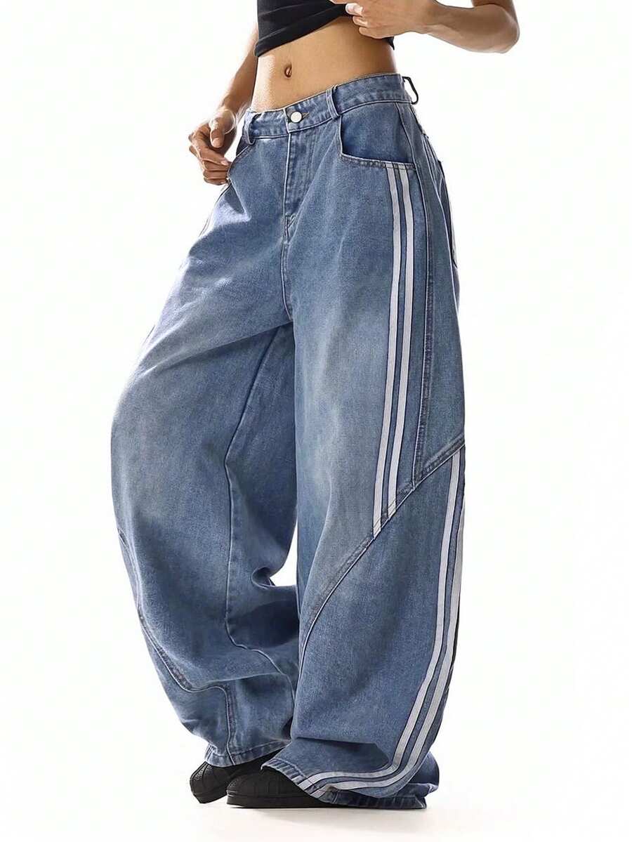 Jeans en denim à jambes larges et délavés pour femmes, taille basse, élégants pour les rendez-vous, les trajets, les sorties décontractées et les vacances à l'université