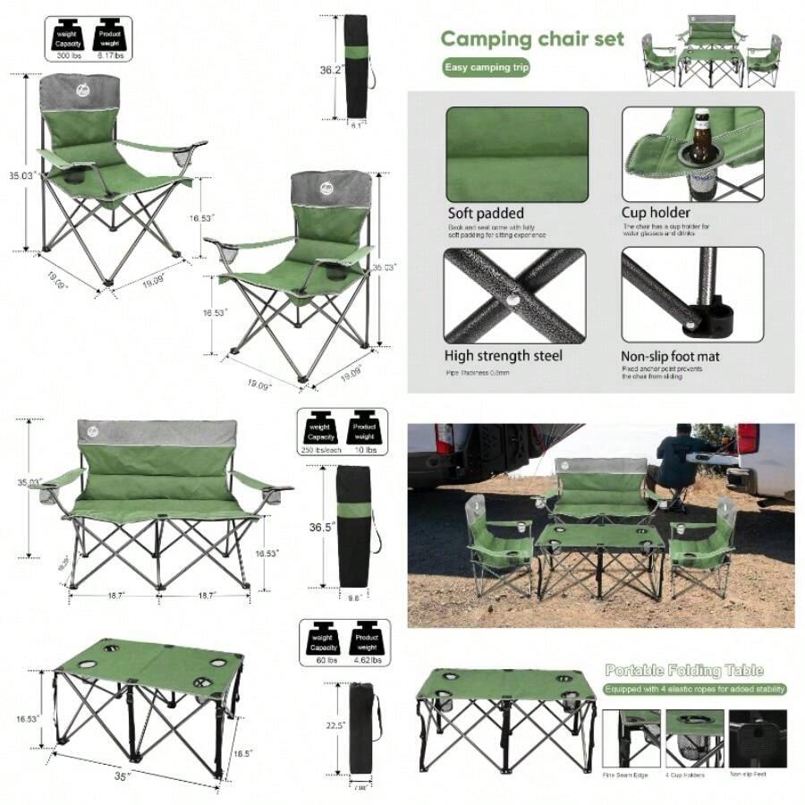 - Juego de 4 sillas plegables para acampar con 1 sof, 2 sillas individuales y 1 mesa para patio, viajes al aire libre, playa azul - Verde + con mesa - Ver 1