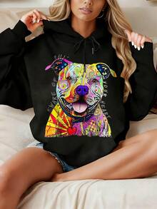 Funny Beware Of Pit Bulls, Dean Russo Pitbull Original -(Women's Casual Hoodie With - Cozy Polyester, Machine Washable, Drawstring Hood, Long Sleeve Pullover - 黑色 - 查看 1