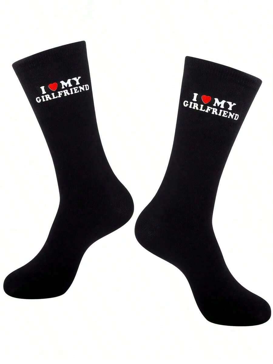 1 Pair I Love My Girlfriend Socks Cute Gifts Boyfriend Funny Boyfriend Ideas Anniversary Valentine's Day Birthday Gifts I Love My Girlfriend Socks Funny Socks, Fall - màu đen - Xem 1
