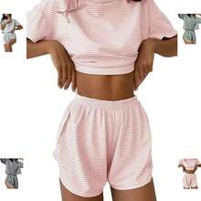 Split Short Pajama Set, Womens Striped Pajamas Set,Two Piece Set Striped Print Drop Shoulder Tee Wrap Split Shortshalloween - Pink - View 12