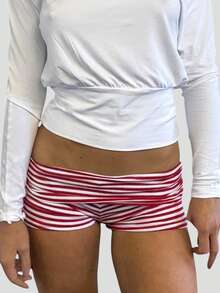 Womens Fold Over Shorts Stripe/ Dots Print Elastic Waist Low Rise Y2k Lounge Shorts Foldover Cute Pajama Micro Bottoms Mini Shorts Loungewear Summer Casual Skinny Pj Bottom Sleep Shorts - Đỏ - Xem 5