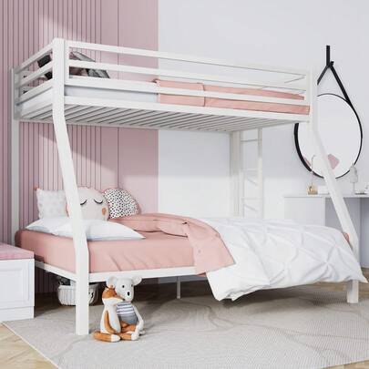 Loft Bunk Bed Twin Over Full Size With Ladder And Guardrail,Heavy Duty Metal Slats Support No Box Spring Needed Small Space Saving Furniture For Bedroom Dorm,White,23157977