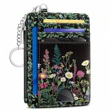Wildflower Credit Card Holder Small Wallet Women, Flowers Slim RFID Blocking Wallet Woman Keychain With Zipper Coin Pocket, Front Pocket Thin Travel Card Case With ID Window For Ladies Gifts{"Color_name":"WildflowerBlack"} - 多色20 - 查看 1