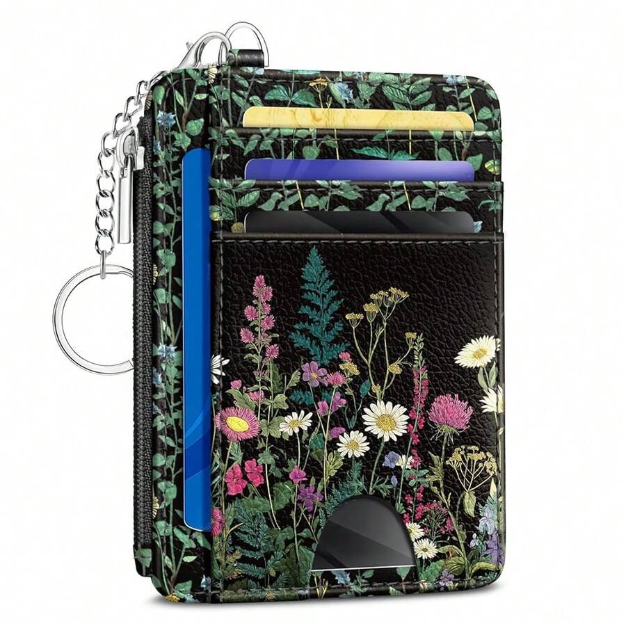 Wildflower Credit Card Holder Small Wallet Women, Flowers Slim RFID Blocking Wallet Woman Keychain With Zipper Coin Pocket, Front Pocket Thin Travel Card Case With ID Window For Ladies Gifts{"Color_name":"WildflowerBlack"} - 多色20 - 查看 1