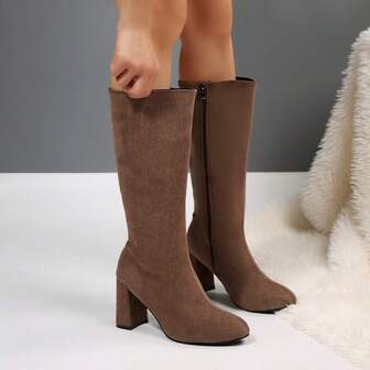 Fall/Winter Suede Chunky Heel Ankle Boots, New Side Zipper High Heel Ankle Boots, Fashion Versatile Women Boots, Mid-Calf Boots