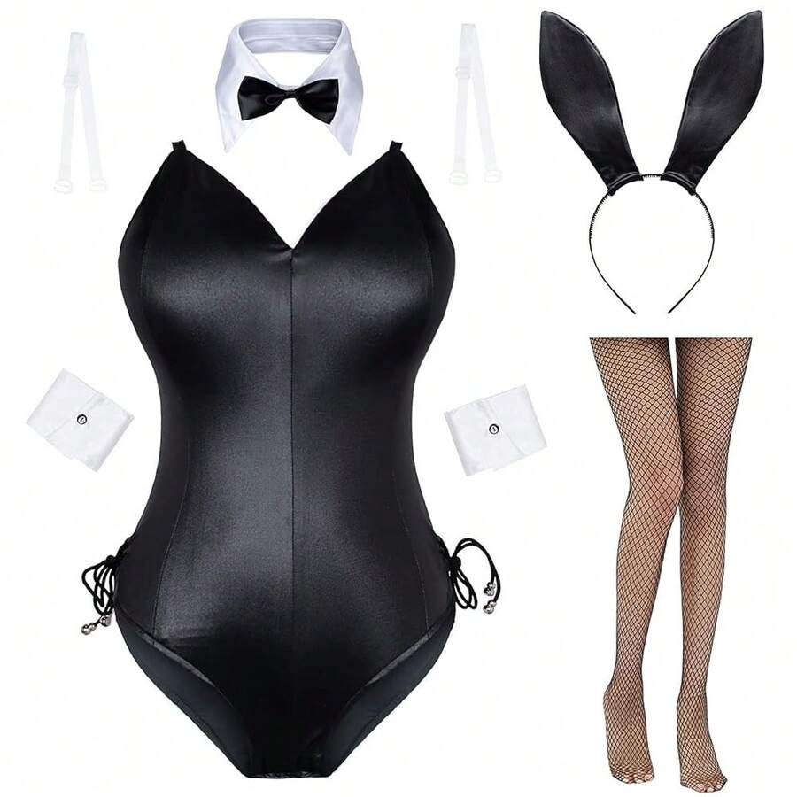 Womens Bunny Costume Girl Suit Senpai Cosplay Anime Role Costume One Piece Bodysuit Stockings Set{"Size_name":"Large","Color_name":"Black/White-RemovablePadded"} - 黑色/白色-可拆卸加厚 - 查看 1