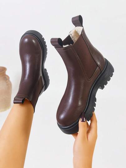 Women's Thick Sole Thermal Lined Boots, Fashionable & Versatile Black Patent Faux Leather Chelsea Ankle Boots, Black Utility Boots For Spring, Autumn & Winter. Suitable For Daily Wear, Parties, Weddings, Paired With Jeans, Dresses, Skirts, Leather, Sweaters, Down Jackets, Hoodies, Leather Jackets.,Fur Boots