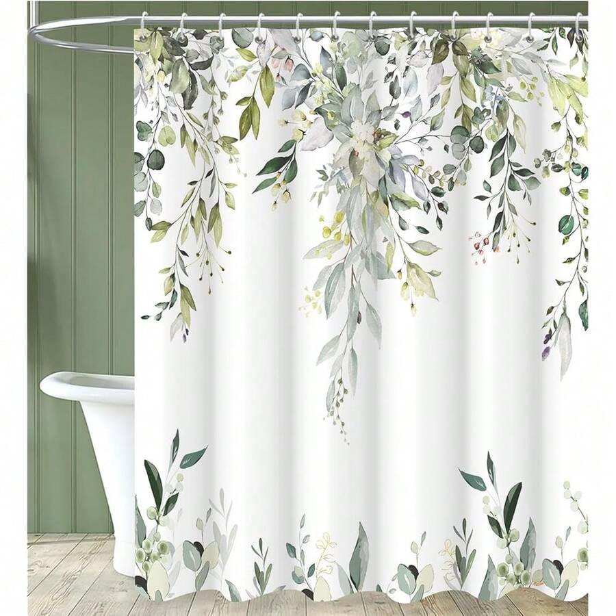 Sage Green Eucalyptus Extra Long Shower Curtain, Watercolor Leaves Plant Spring Floral Waterproof Fabric Machine Washable With Hooks For Bathroom Bathtub Decor 72Wx78H{"Color_name":"GreenWhite","Size_name":"72\"Wx78\"L(Packof1)"} - 多色6 - 查看 1