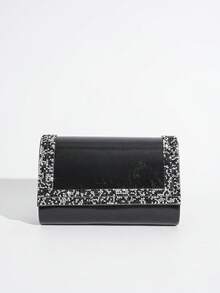 Geantă de mână cu clapă decorată cu sclipici, geantă de mână din piele PU, poșetă formală pentru petreceri, geantă de umăr cu lanț, geantă la modă