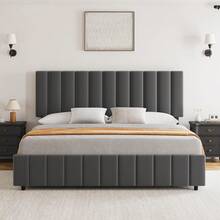 Marco de cama con 4 cajones de almacenamiento, Plataforma de cama tapizada de tamaño completo de terciopelo con cabecera ajustable de ropa, Soporte de láminas de madera, No se necesita muelle de caja, Gris - Gris - Ver 2