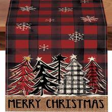 1pc Black & Red Plaid Christmas Tree & Snowflake Christmas Table Runner, Farmhouse Kitchen Dining Table Decor, Indoor Outdoor Home Decoration, Party Supplies, Size: 13x35/13x47/13x72/13x90/13x108 Inches, Winter Holiday